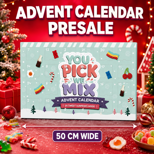 An advent calendar promotional graphic with a mint blue numbered calendar front, large text reading 'YOU PICK WE MIX' and 'ADVENT CALENDAR', surrounded by Christmas decorations, candy canes, wrapped gifts, and a red festive background. Large overlay text says 'ADVENT CALENDAR PRESALE' and '50 CM WIDE'.