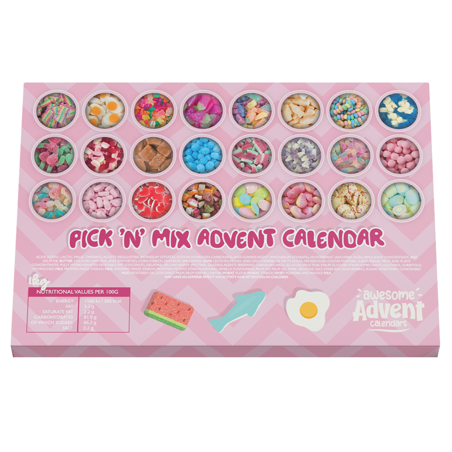 Pink 'Pick 'n' Mix' advent calendar with colorful buttons on a white background